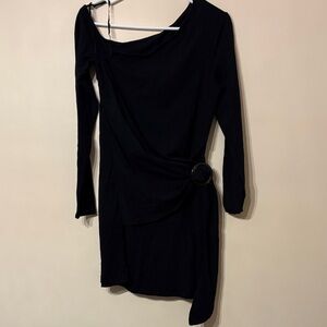Free People One-Shoulder Black Asymmetric Dress with Ring Detail